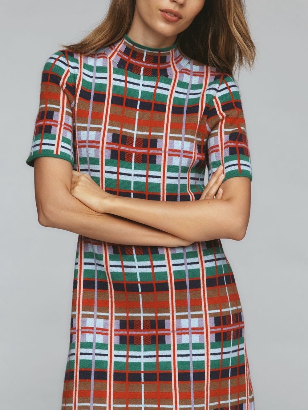 Anthropologie Green Red Plaid Knit Mini Dress - Picture 4 of 8
